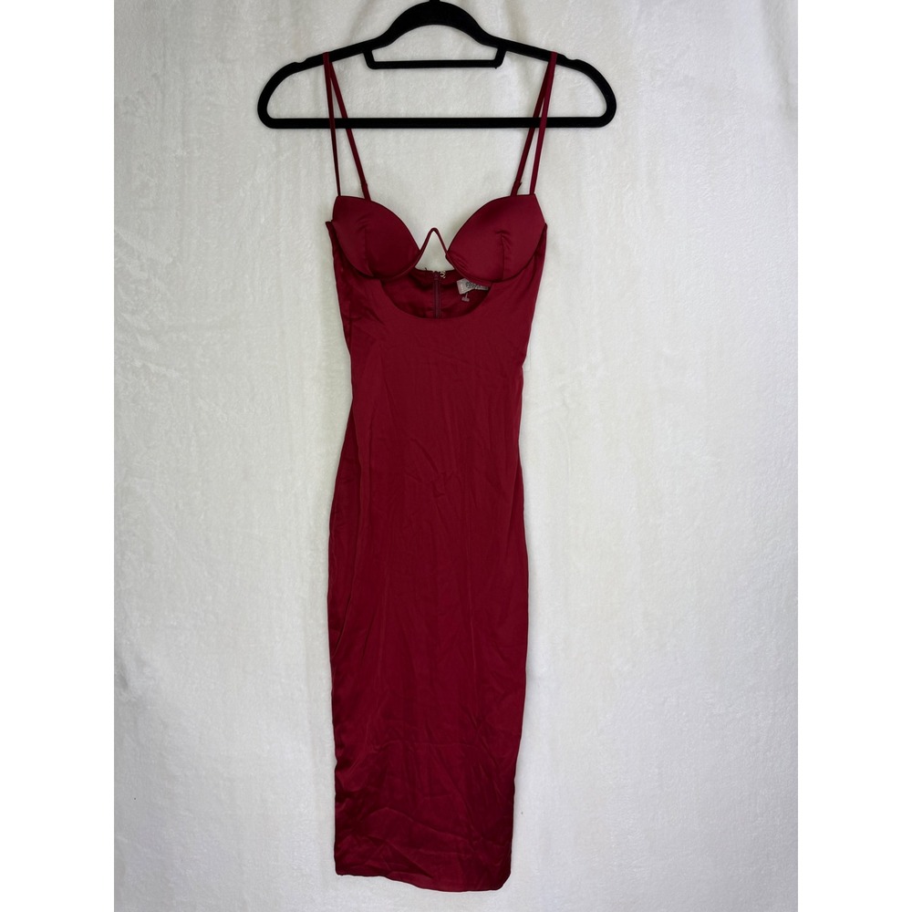 NWT Oh Polly Midi Dress Women Size 0 Red Satin Underwire Bodycon Cutout Strappy